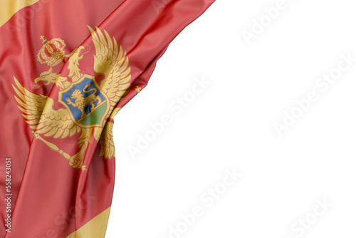 Flag of Montenegro in the corner on white background. Isolated