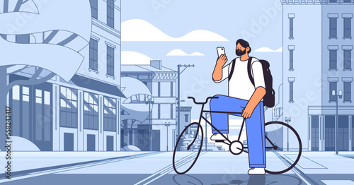young man with bike using smartphone sportsman riding bicycle workout healthy lifestyle digital addiction concept
