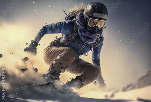 Illustration Winter Sport, Snowboard and Skii, Female Snowboarder, Generative AI