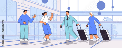 passengers with baggage waiting for flight businesspeople standing with luggage traveling concept