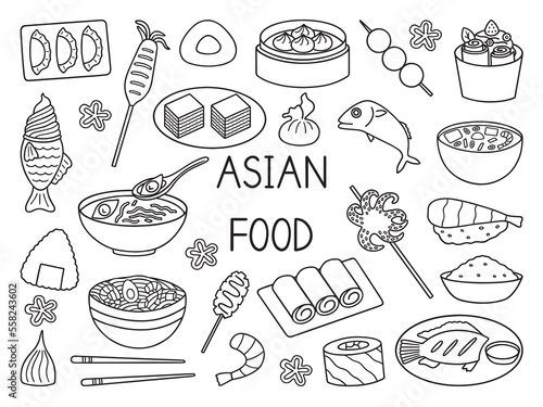 Asian food doodle set. Asian cuisine in sketch style. Hand drawn vector illustration isolated on white background