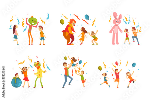 Actors in funny costumes entertaining kids at birthday party set. Happy children having fun with clown, bunny, comedians at carnival show cartoon vector illustration
