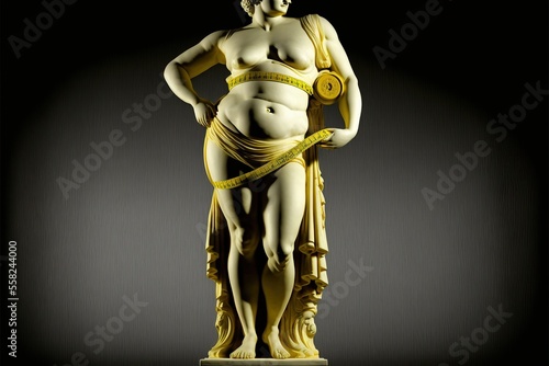 Antique statue measuring waist circumference with yellow flexible plastic ruler, concept of Body Positivity, created with Generative AI technology