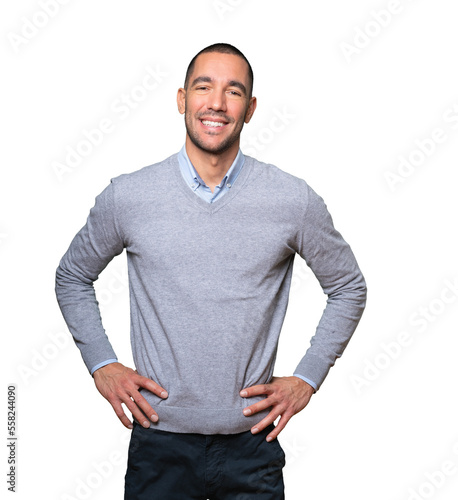 Amazed young man looking up gesture