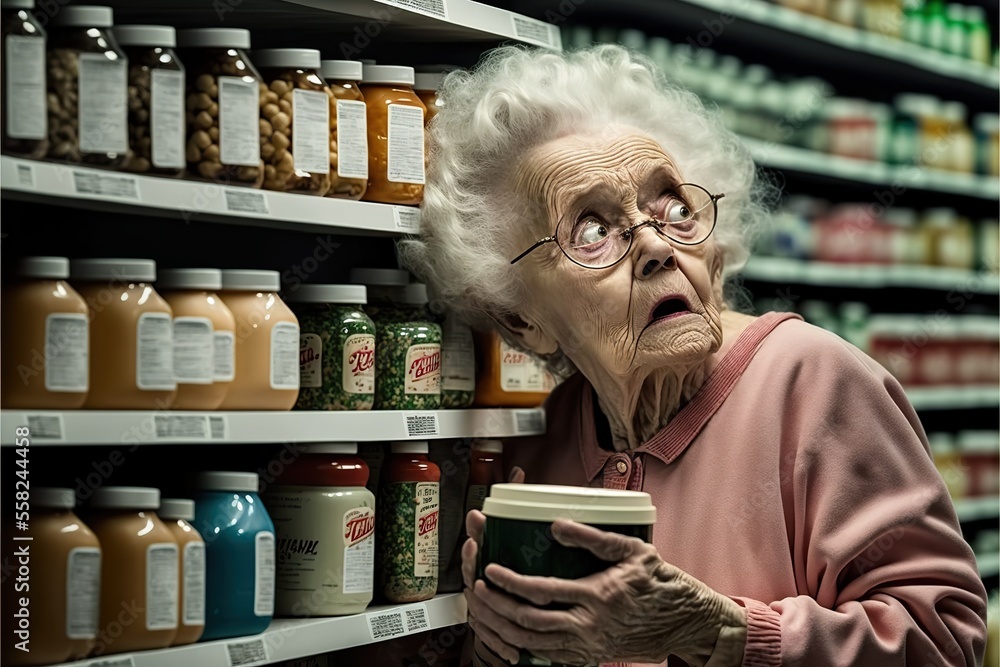 Old Woman Trying To Steal A Product From Supermarket Shelf, Concept Of 