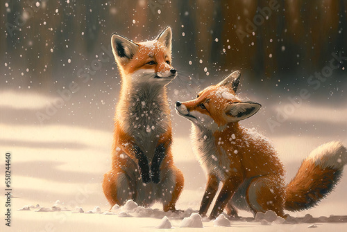 Two cute foxes playing in the snow AI generative  © warpaintcobra
