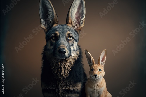 German Shepard or wolf with rabbit ears next to a rabbit, created with Generative AI technology