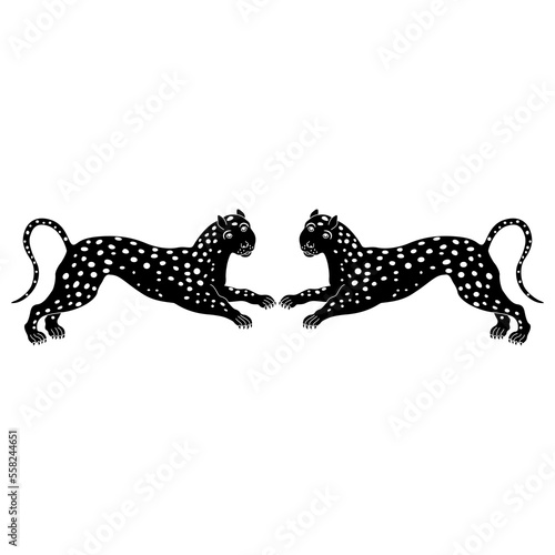 Photography Symmetrical animal design or frame with two stylized spotted wild cats or leopards