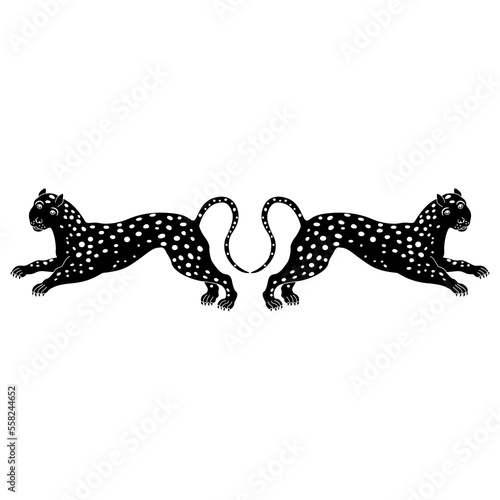 Photography Symmetrical animal design or frame with two stylized spotted wild cats or leopards