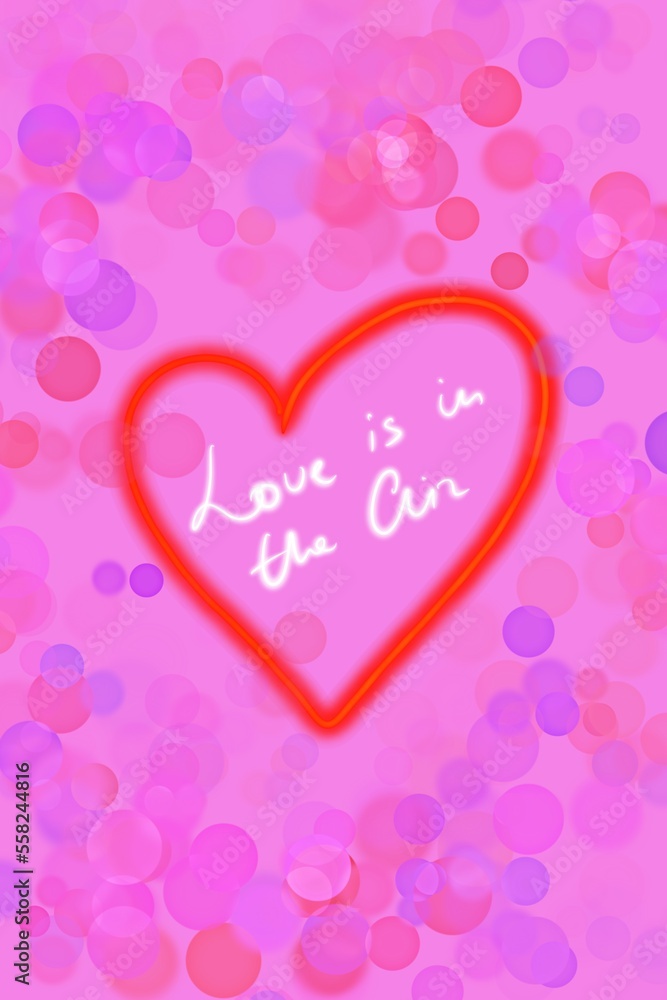 Love is in the air slogan in neon red heart on pink background illustration