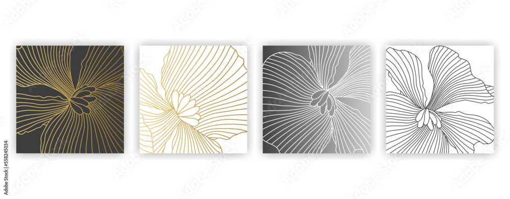 Square card EPS 10 vector set. Elegant textured begonia linear flowers background. Poster design templates. Black, white, gold and silver decor.