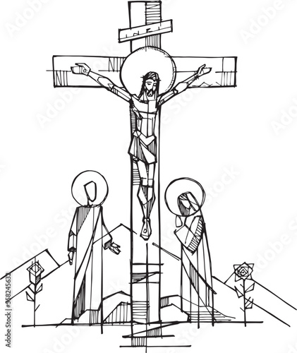 Hand drawn illustration of Jesus dying on the cross.