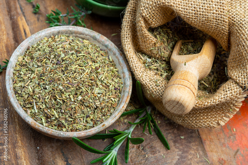 Herbes de Provence, mixture of dried herbs typical of the Provence region, blends often contain savory, marjoram, rosemary, thyme, oregano, lavender leaves, used with grilled foods and stew