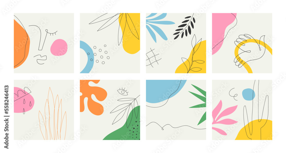 Set of abstract art poster print on isolated background. Natural summer plants and organic shapes collection of woman face, jungle leaf, geometric shape. Colorful summer decoration frame bundle. Set of abstract art poster print on isolated background. Natural summer plants and organic shapes collection of woman face, jungle leaf, geometric shape. Colorful summer decoration frame bundle.