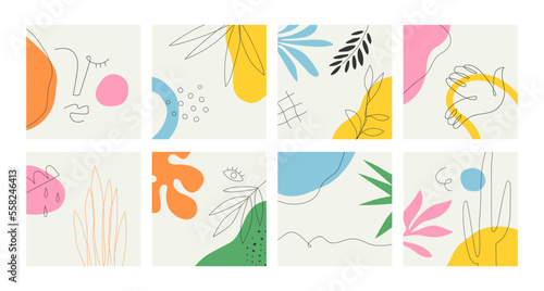 Set of abstract art poster print on isolated background. Natural summer plants and organic shapes collection of woman face, jungle leaf, geometric shape. Colorful summer decoration frame bundle.
