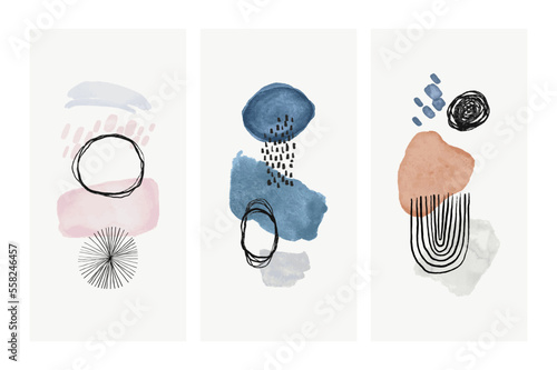 Abstract organic watercolor painting shape set. Modern minimalist acrylic paint artwork poster collection. Handmade geometric shapes drawing  bundle, creative brush texture banner.