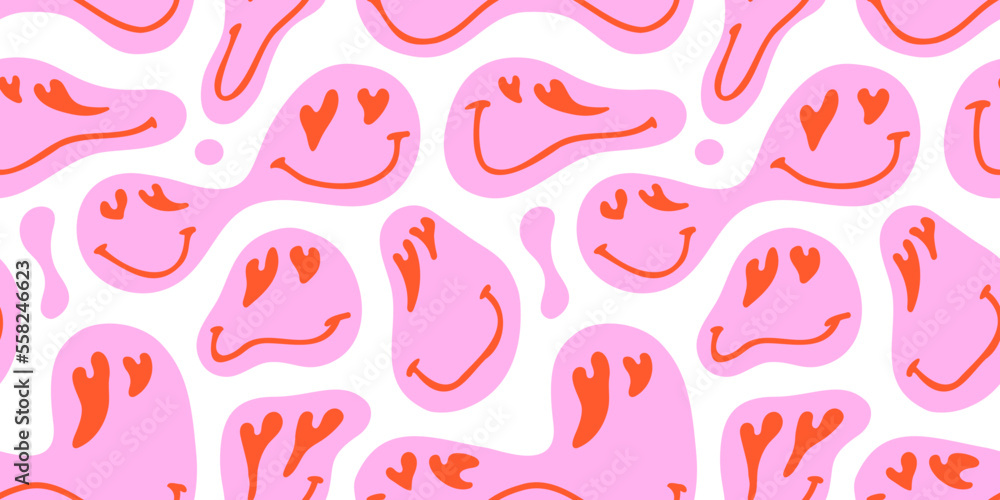 Funny melting happy face in love colorful cartoon seamless pattern. Retro psychedelic pink smile icon background texture for valentine's day or romantic concept. Trendy character doodle wallpaper. - obrazy, fototapety, plakaty 