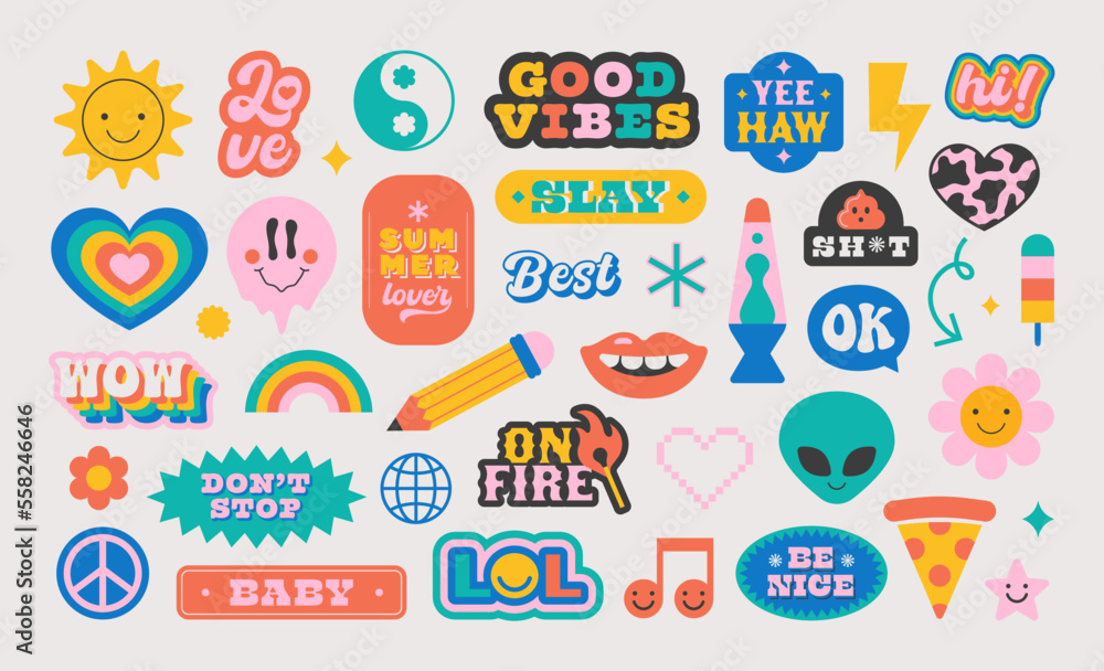 Naklejka premium Colorful vintage label shape set. Collection of trendy retro sticker cartoon shapes. Funny comic character art and quote sign patch bundle.