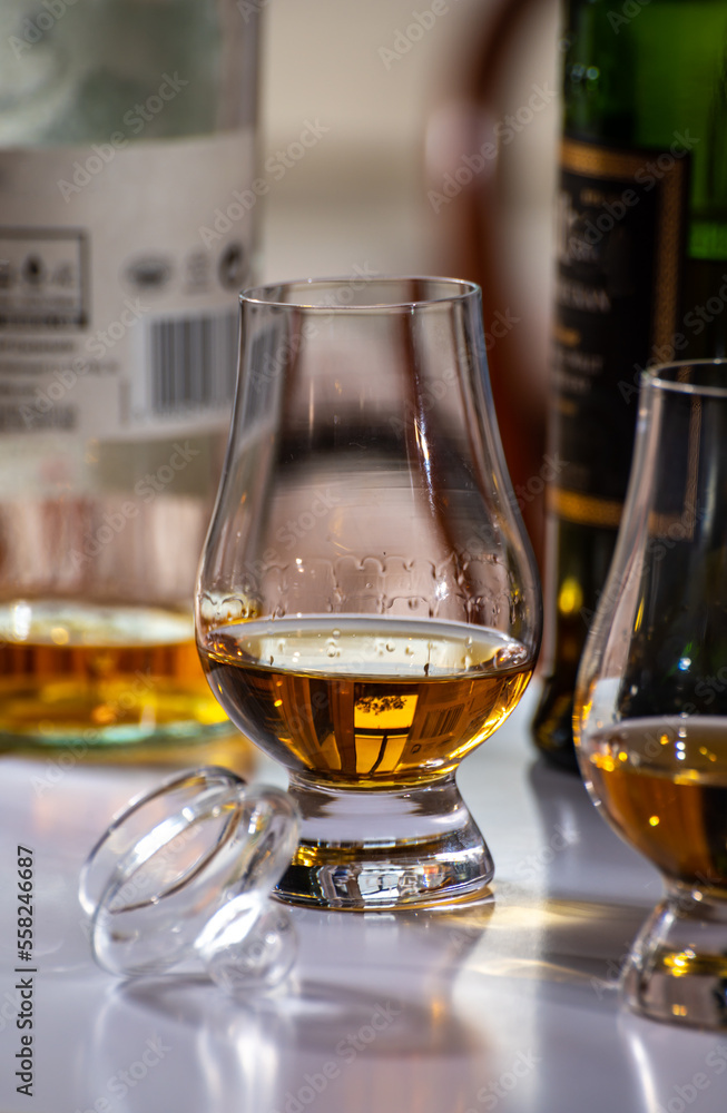 Tasting of whiskey, tulip-shaped tasting glasses with dram of Scotch single malt or blended whisky on white table Tasting of whiskey, tulip-shaped tasting glasses with dram of Scotch single malt or blended whisky on white table