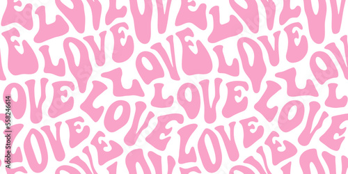 Retro pink hippie love quote seamless pattern. Psychedelic 70s style romantic text sign background. Melting trippy typography wallpaper print for wedding gift or valentine's day design.