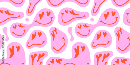Funny melting happy face in love colorful cartoon seamless pattern. Retro psychedelic pink smile icon background texture for valentine's day or romantic concept. Trendy character doodle wallpaper.