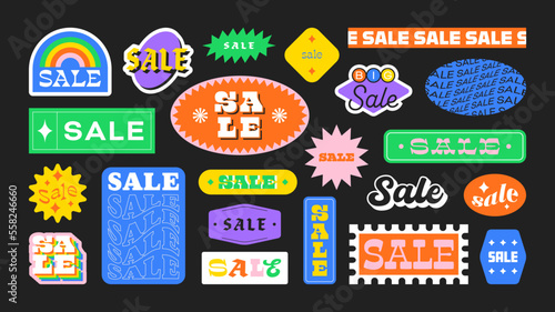 Vintage business sale sticker collection. Set of trendy retro 90s cartoon label for store discount, online promotion or social media post. Fun y2k style graphic element bundle.