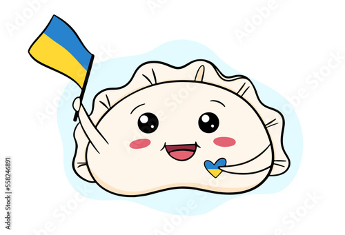 Cute cartoon pierog, kawaii dumpling. Ukrainian national dish. Love Ukraine concept