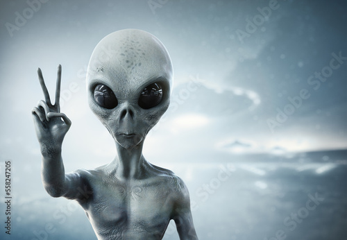 alien showing peace sign, 3d render photo