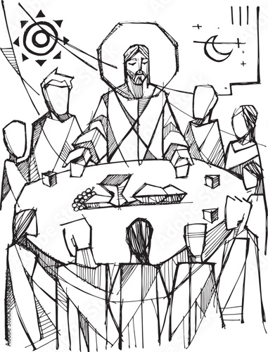 Hand drawn illustration of jesus eucharist in community.