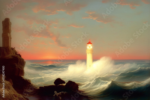 lighthouse at sunset - generative ai illustration