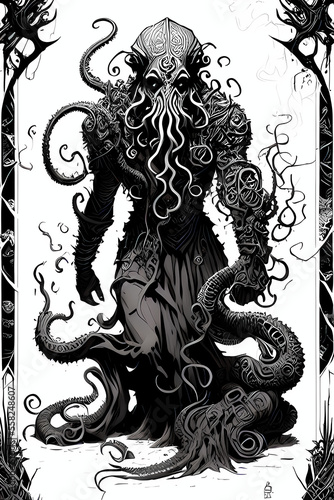 A fantasy board game card/colouring book page: Cthulhu. Lovecraftian cosmic entity, god in the form of a giant anthropomorphic octopus. AI-generated	
 photo