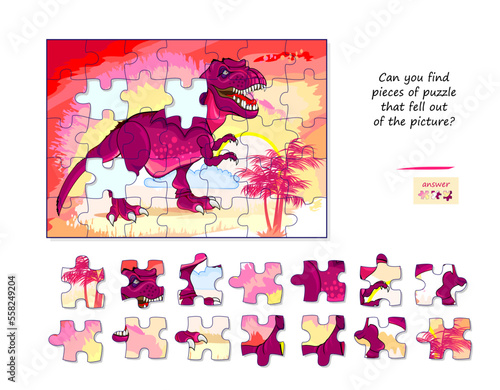 Logic game for children and adults. Find pieces of puzzle that fell out of picture. Page for kids brain teaser book. Task for attentiveness. Developing spatial thinking. Play online. Vector image.