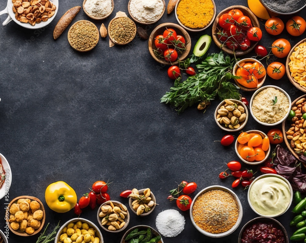 fruits and vegetables, flat surface, dark background, decoration fruits and vegetables, flat surface, dark background, decoration