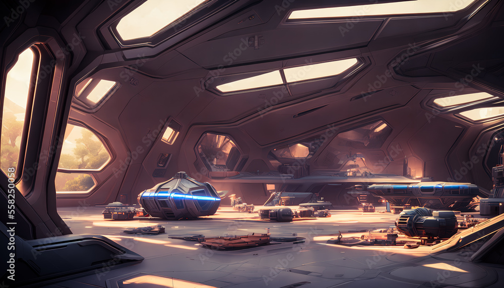 futuristic habitat on the moon, with sleek, modern design elements and advanced technology visible throughout the room, is characterized by geometric lines and smooth surfaces. Generative AI futuristic habitat on the moon, with sleek, modern design elements and advanced technology visible throughout the room, is characterized by geometric lines and smooth surfaces. Generative AI