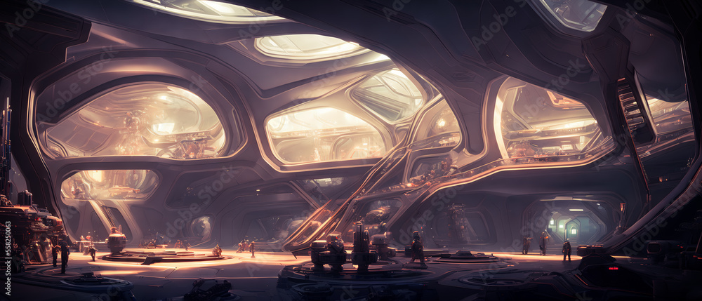 futuristic habitat on the moon, with sleek, modern design elements and advanced technology visible throughout the room, is characterized by geometric lines and smooth surfaces. Generative AI