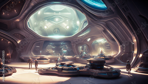 futuristic habitat on the moon, with sleek, modern design elements and advanced technology visible throughout the room, is characterized by geometric lines and smooth surfaces. Generative AI