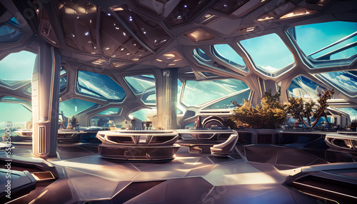 futuristic habitat on the moon, with sleek, modern design elements and advanced technology visible throughout the room, is characterized by geometric lines and smooth surfaces. Generative AI © 4K_Heaven