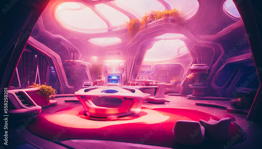 Interior of a colony on an unknown planet, rendered in a style reminiscent of the metaverse. The scene is filled with strange, futuristic technology and architecture. Generative AI Interior of a colony on an unknown planet, rendered in a style reminiscent of the metaverse. The scene is filled with strange, futuristic technology and architecture. Generative AI