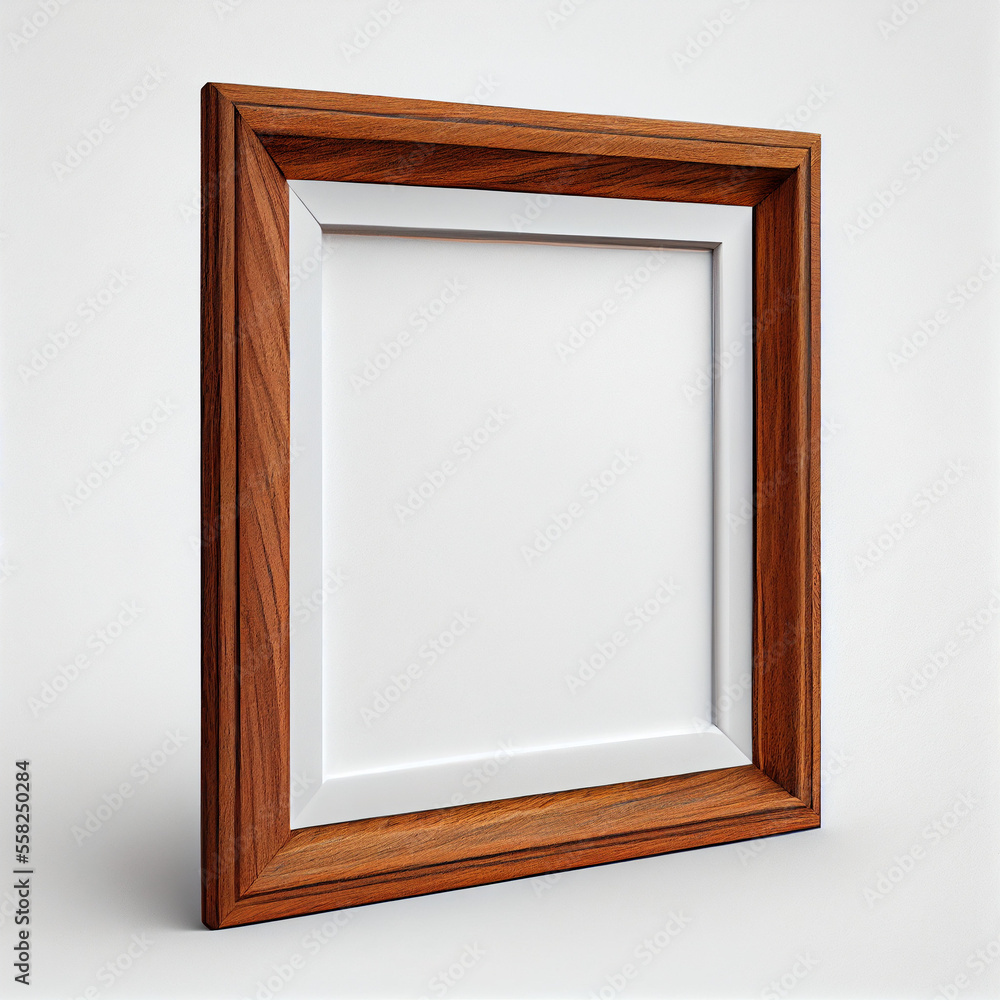 Empty wooden frame with white wall, graphic mockup frame, generative ai Empty wooden frame with white wall, graphic mockup frame, generative ai