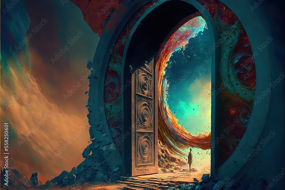 A fantastic portal to another world in the form of a doorway. Abstract art. AI