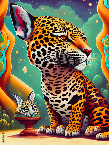 Majestic jaguar animal standing proudly against a colorful backdrop. Generative AI