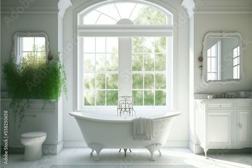 White classic bathroom interior with large window and lots of light. AI