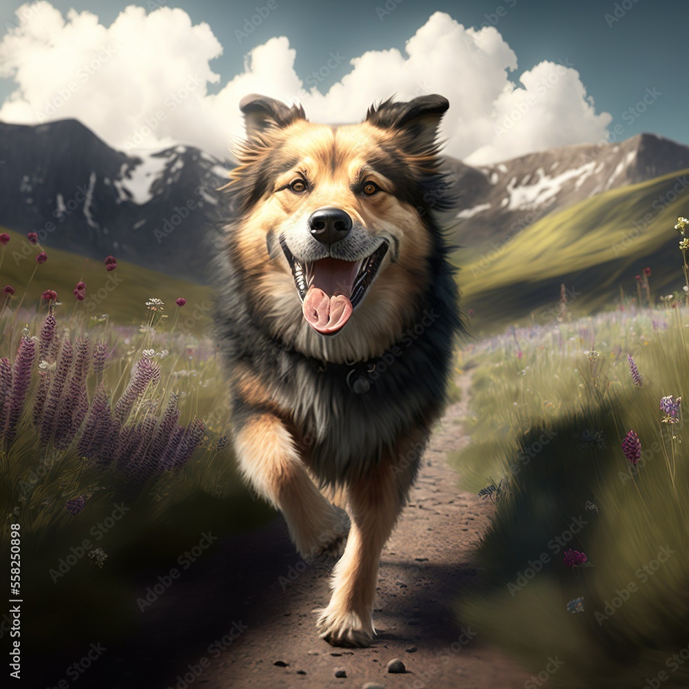 Dog Walking in the Mountains with a View of the Peaks - Close-up Portrait