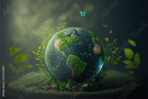 Planet Earth in the form of a glass ball symbolizing an environmentally friendly environment. AI