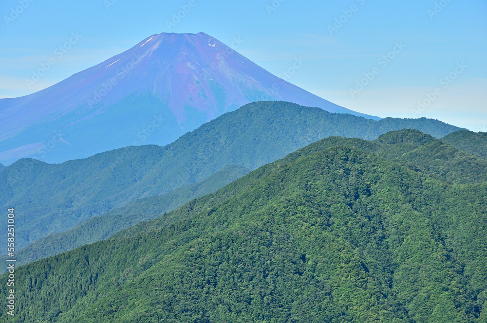 道志山塊の道志山稜縦走コース　赤鞍ヶ岳のウバガ岩より夏富士山を望む
道志山塊　赤鞍ヶ岳　ウバガ岩より富士山、右奥が御正体山、手前が菜畑山
