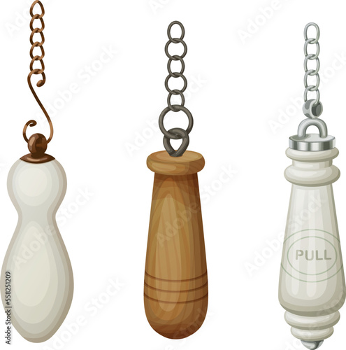 Toilet flushes pull down handles with chains vector icons isolated on white background, vintage toilet flushes cartoon illustrations