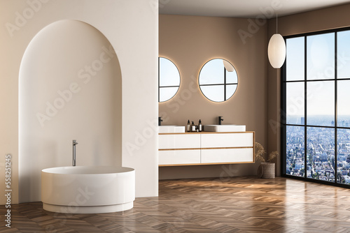 Modern minimalist bathroom interior  modern bathroom cabinet  white sink  wooden vanity  interior plants  bathroom accessories  bathtub and shower  white and beige walls  concrete floor. 3d rendering