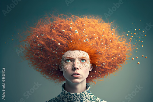 Portrait closeup of a woman with ginger red hair, strange hairstyle, generative ai illustration photo