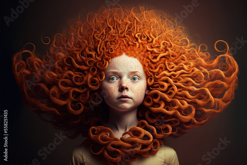 Portrait of a girl with red ginger hair, strange hairstyle, Kiss a Ginger's Day, generative ai illustration