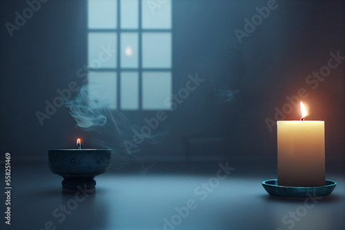 Candle and incense burners are lit, in a room where blue light escapes through the window with Generative AI